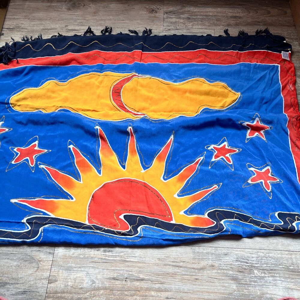 Marianne Breeland Scarf Tiger Sun Stars Rayon 40x58 Bold Art Wrap Tassle Unique - Picture 2 of 7